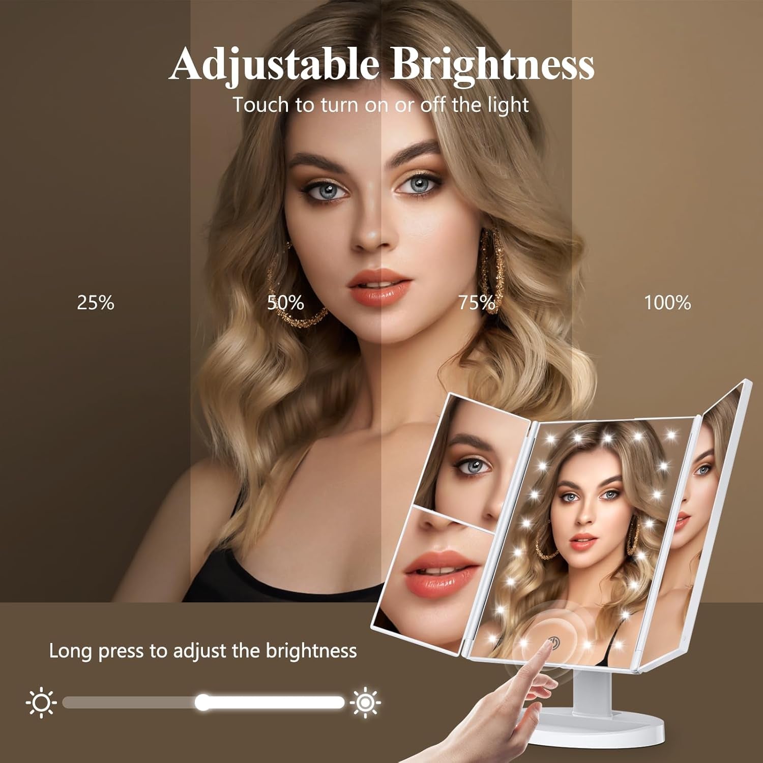 Makeup Mirror, Vanity Mirror with Lights, 2X/3X/10X Magnification, Touch Control, Trifold, Dual Power Supply, Birthday Gifts for Women, Wife, Mom, Girls,Dorm Room Essentials