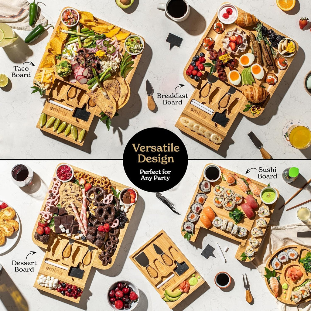 Charcuterie Large Bamboo Cheese Board Set for Serving - House Warming Gifts for New Home, Wedding, Bridal Shower & Birthday, for Women