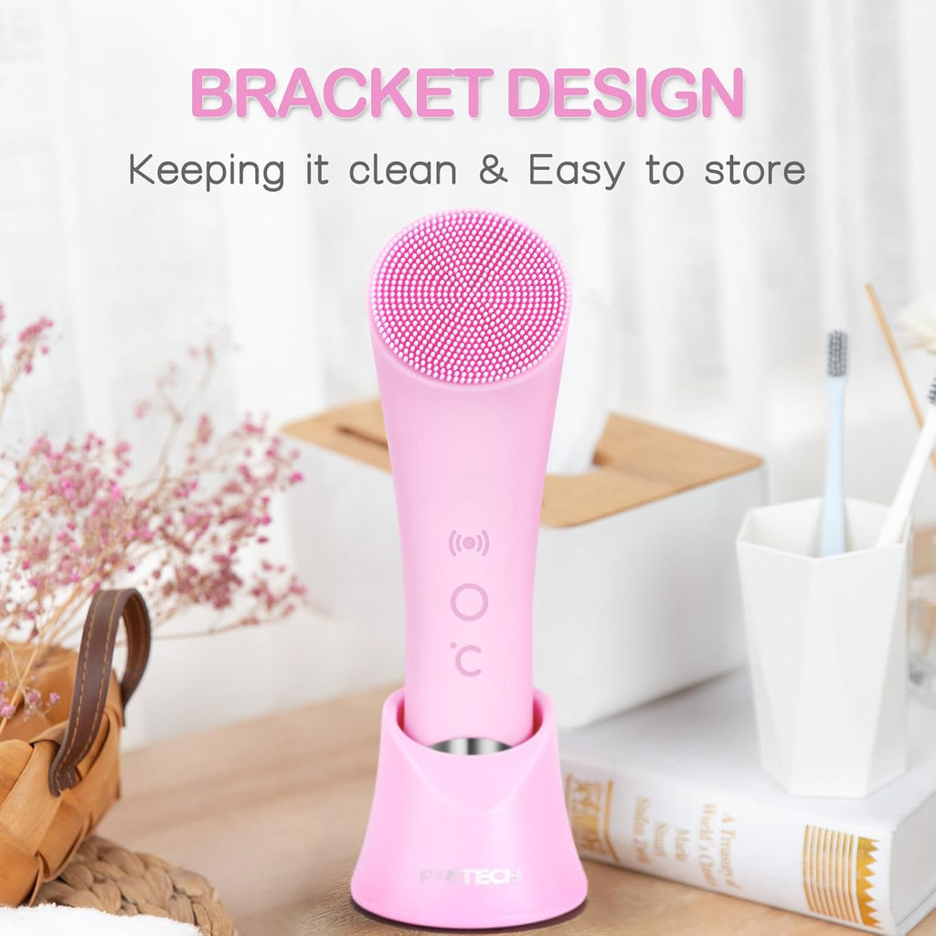 Facial Cleansing Brush, Rechargeable Silicone Face Scrubber with Heat Massage End, Vibrating Exfoliator Scrubber for Deep Cleaning, Waterproof Face Brush for Women and Men (Pink)