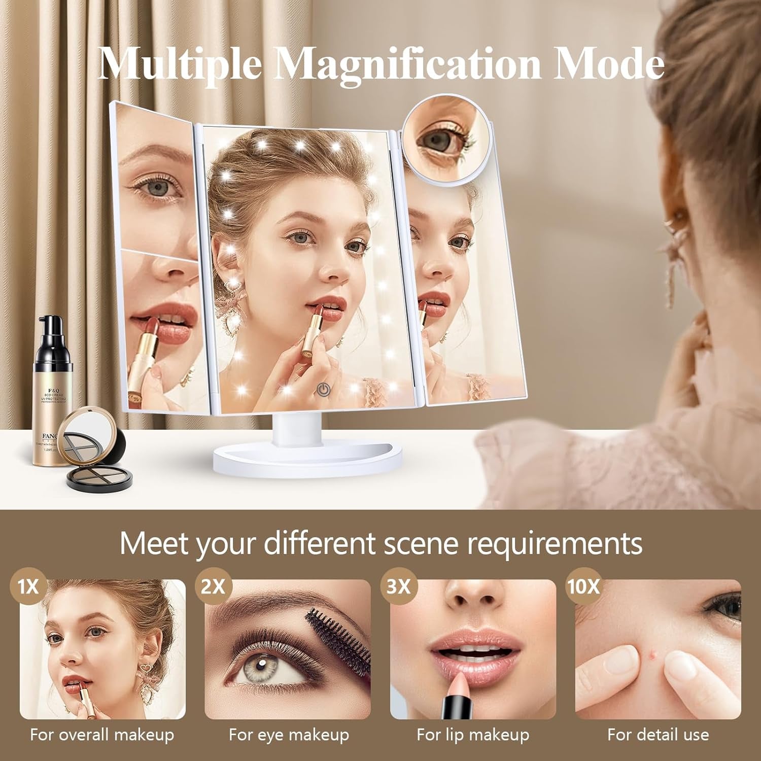 Makeup Mirror, Vanity Mirror with Lights, 2X/3X/10X Magnification, Touch Control, Trifold, Dual Power Supply, Birthday Gifts for Women, Wife, Mom, Girls,Dorm Room Essentials