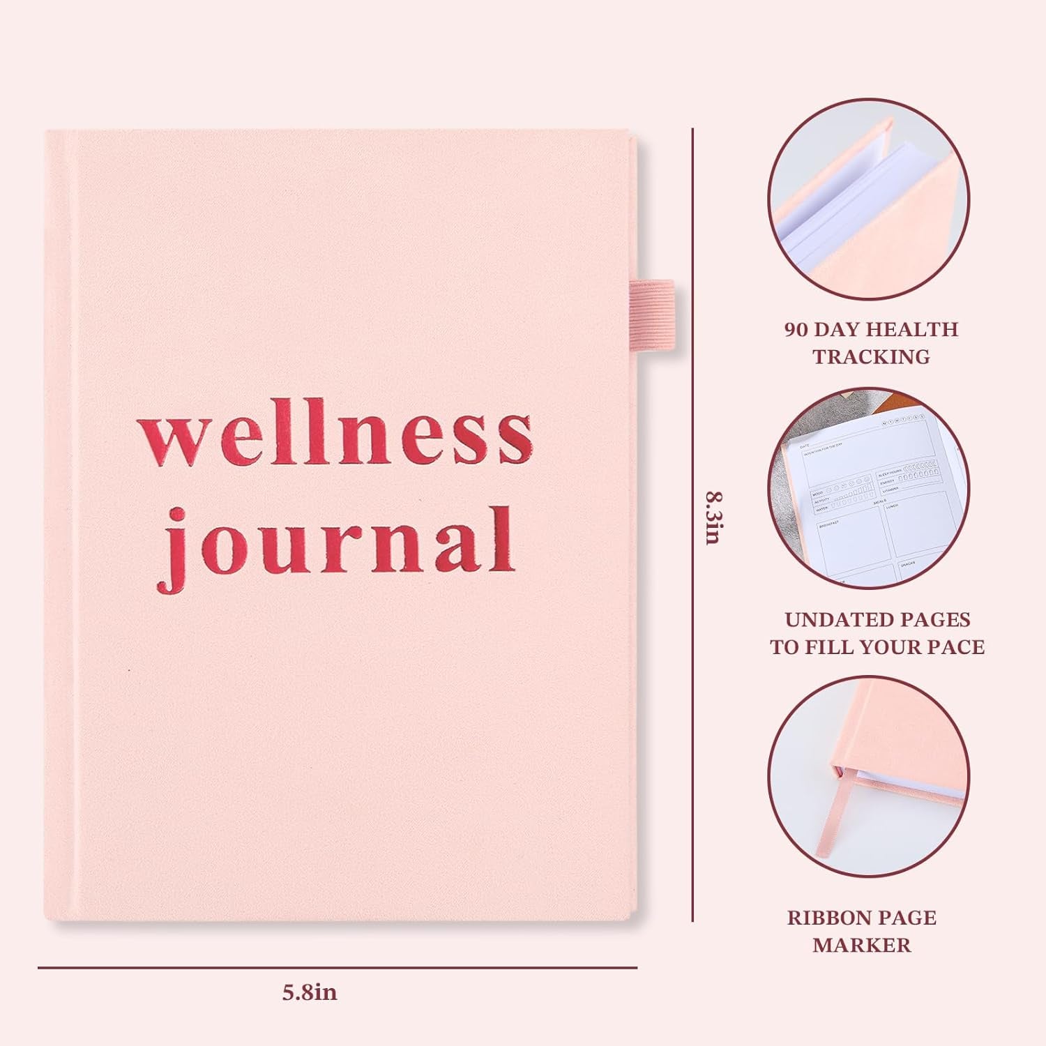 Wellness Journal Planner- Gratitude & Mindset Mental Health Journal,Track Goals, Sleep & Lifestyle,Daily Self Reflection,Self Care Journal,Daily Positive Mindfulness Diary,Size A5 Pink.