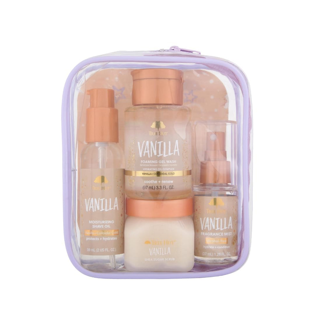 Vanilla Everything Shower Gift Set for Women, Exfoliating Body Scrub, Body Wash, Shave Oil & Body Spray, Self Care Gift Set, Hydrating & Moisturizing with Shea Butter, Travel Size