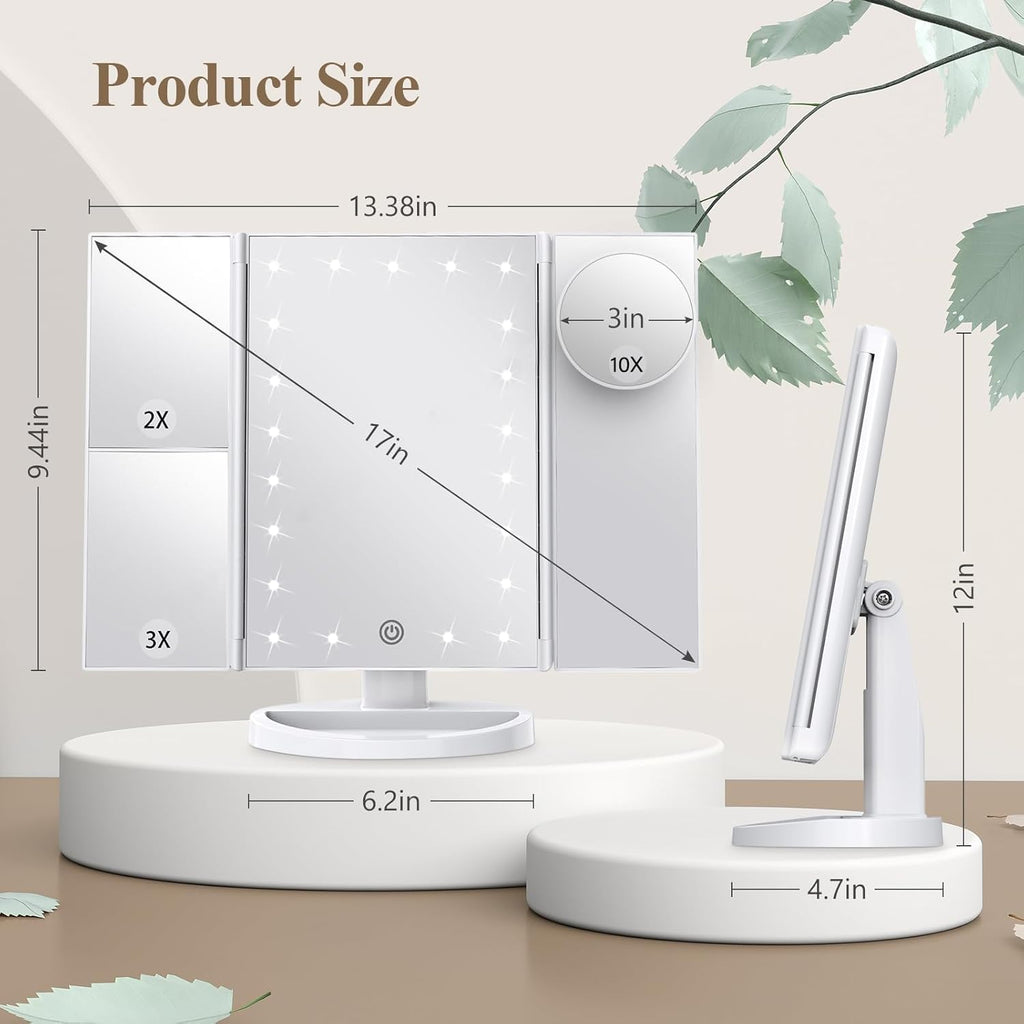 Makeup Mirror, Vanity Mirror with Lights, 2X/3X/10X Magnification, Touch Control, Trifold, Dual Power Supply, Birthday Gifts for Women, Wife, Mom, Girls,Dorm Room Essentials