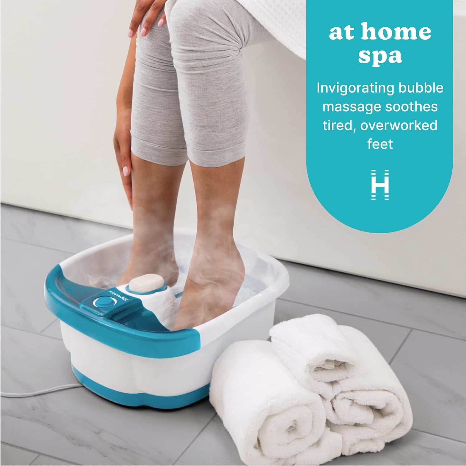 Bubble Mate Foot Spa, Toe Touch Controlled Foot Bath with Invigorating Bubbles and Splash Proof, Raised Massage Nodes and Removable Pumice Stone