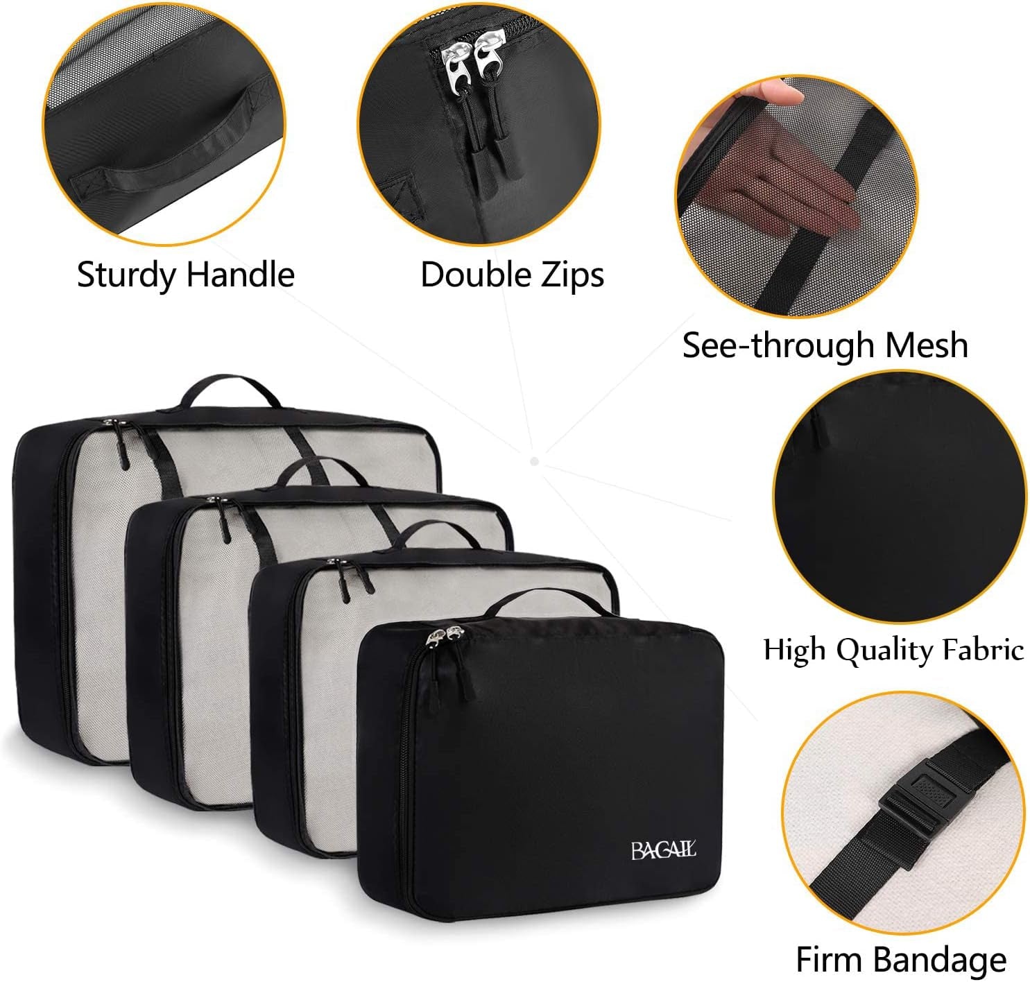 8 Set Packing Cubes Luggage Packing Organizers for Travel Accessories-Jet Black