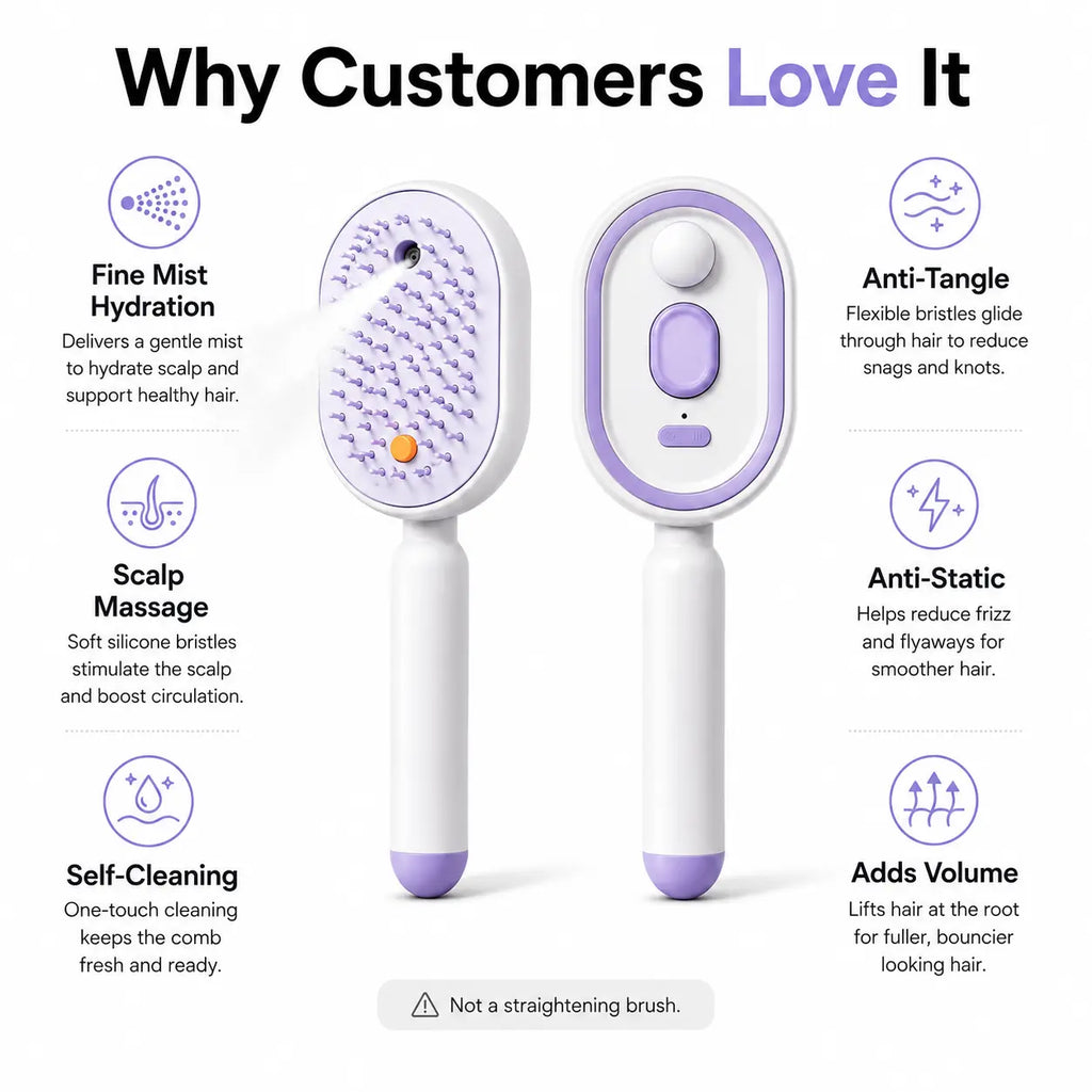 【Not Straightened】Electric Spray Air Cushion Massage Comb, Self-Cleaning Anti-Tangle Hair Brush, Anti-Static Volumizing Scalp Massage Brush for Dry Frizzy Hair Care, No Essential Oil Included