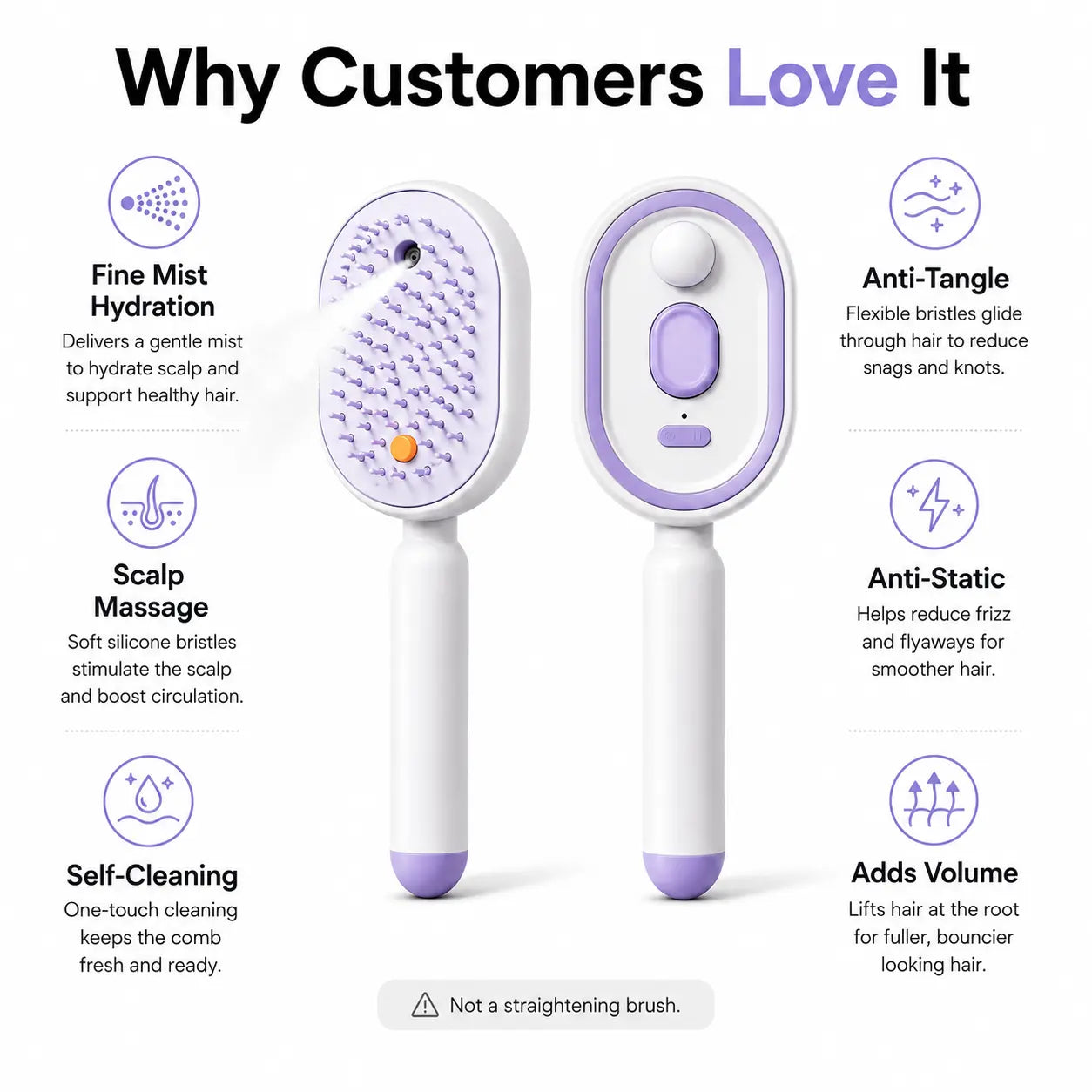 【Not Straightened】Electric Spray Air Cushion Massage Comb, Self-Cleaning Anti-Tangle Hair Brush, Anti-Static Volumizing Scalp Massage Brush for Dry Frizzy Hair Care, No Essential Oil Included