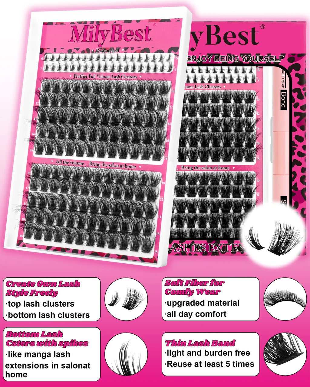 Milybest Cove Eyelashes ,1 Set Mixed Length Individval Eyelash Extensions Kit,Self Grafting False Eyelashes with Tweezers&Glue&,Prefessional Eye Makeup Accessories for Women