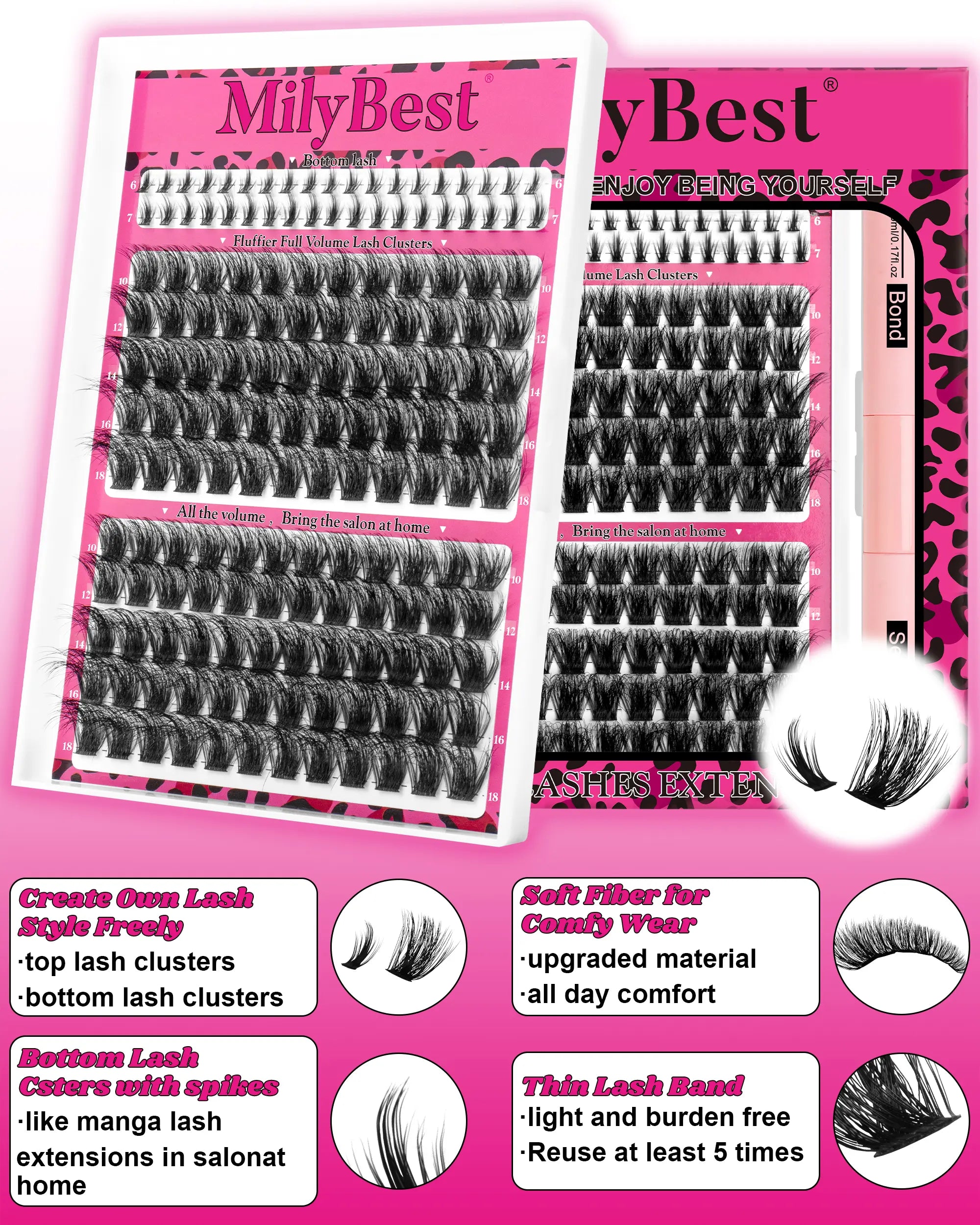 Milybest Cove Eyelashes ,1 Set Mixed Length Individval Eyelash Extensions Kit,Self Grafting False Eyelashes with Tweezers&Glue&,Prefessional Eye Makeup Accessories for Women