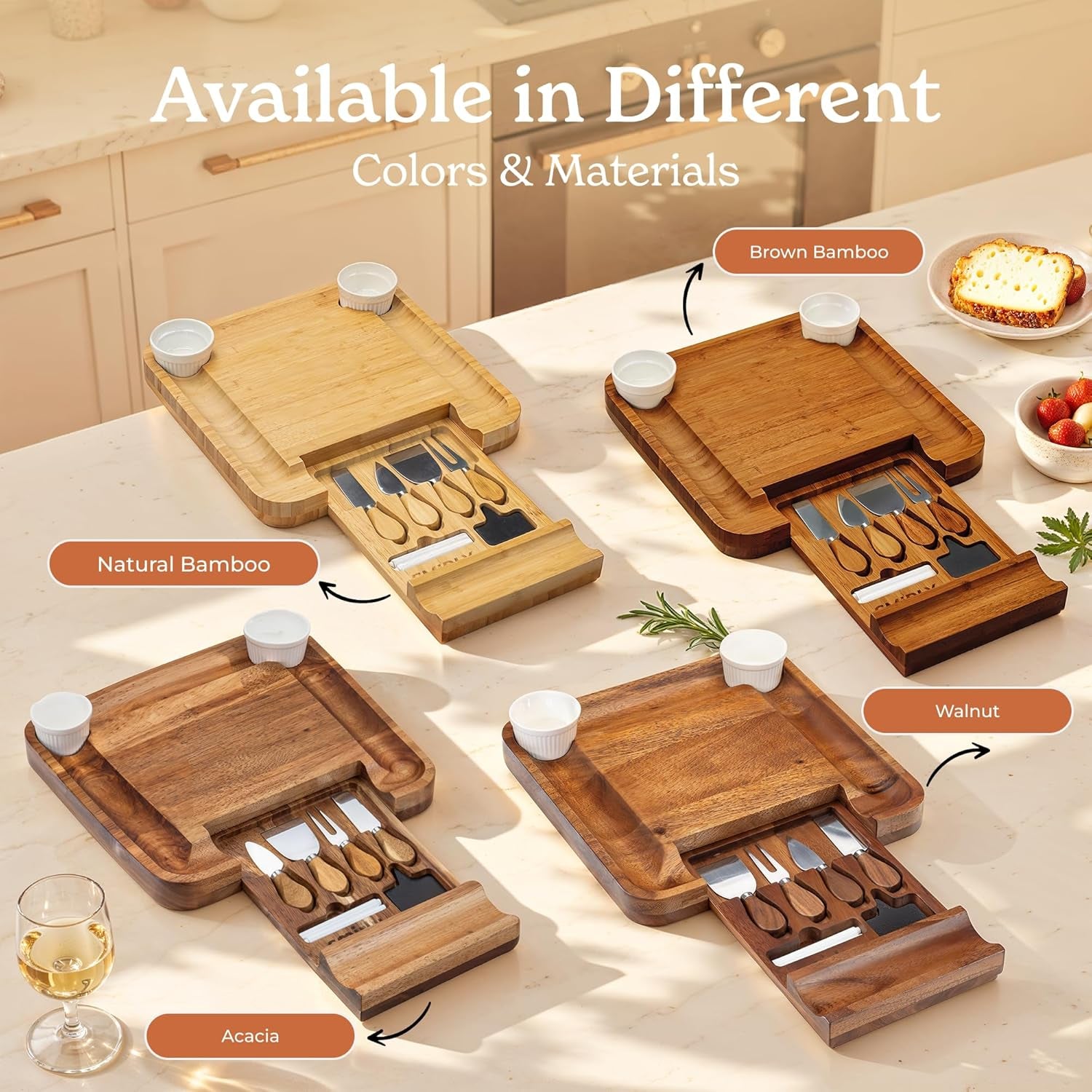 Charcuterie Large Bamboo Cheese Board Set for Serving - House Warming Gifts for New Home, Wedding, Bridal Shower & Birthday, for Women