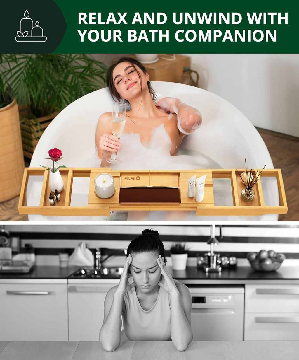 Premium Foldable Bathtub Tray Caddy - Wood Bath Tray for Tub, Bamboo Shelf, Expandable Bath Table Trays, Bathtub & Bathroom Accessories for New Home & Mothers, Birthday Gifts for Mom