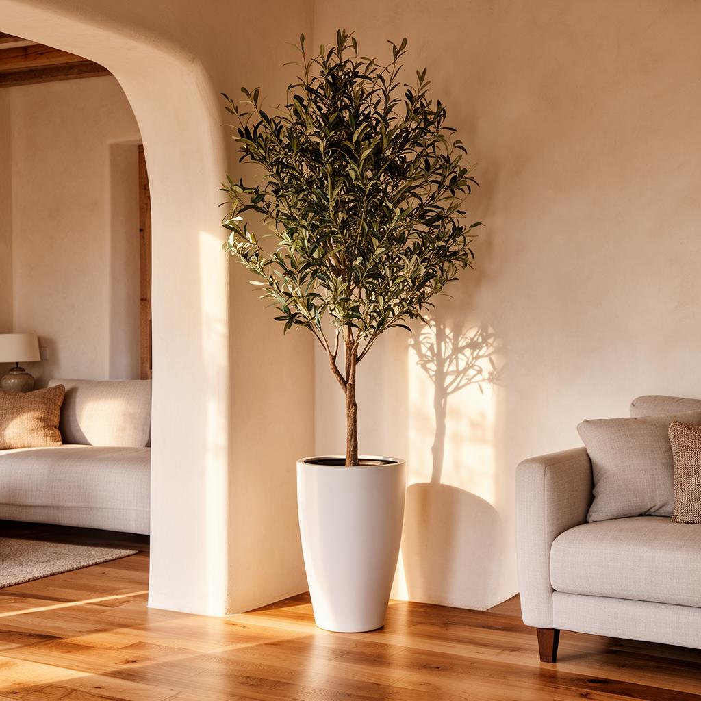 Faux olive tree in tall white planter in sunlit Mediterranean living room