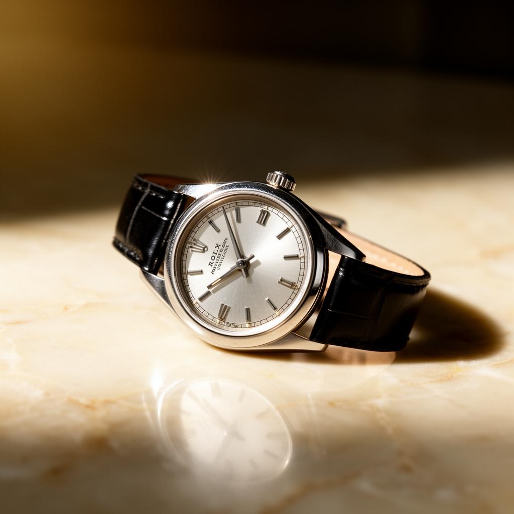 Rolex Chameleon 18k white gold ladies' watch on cream marble